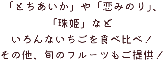 「とちあいか」や「恋みのり」、「珠姫」など色んないちごを食べ比べ！その他、旬のフルーツもご提供！