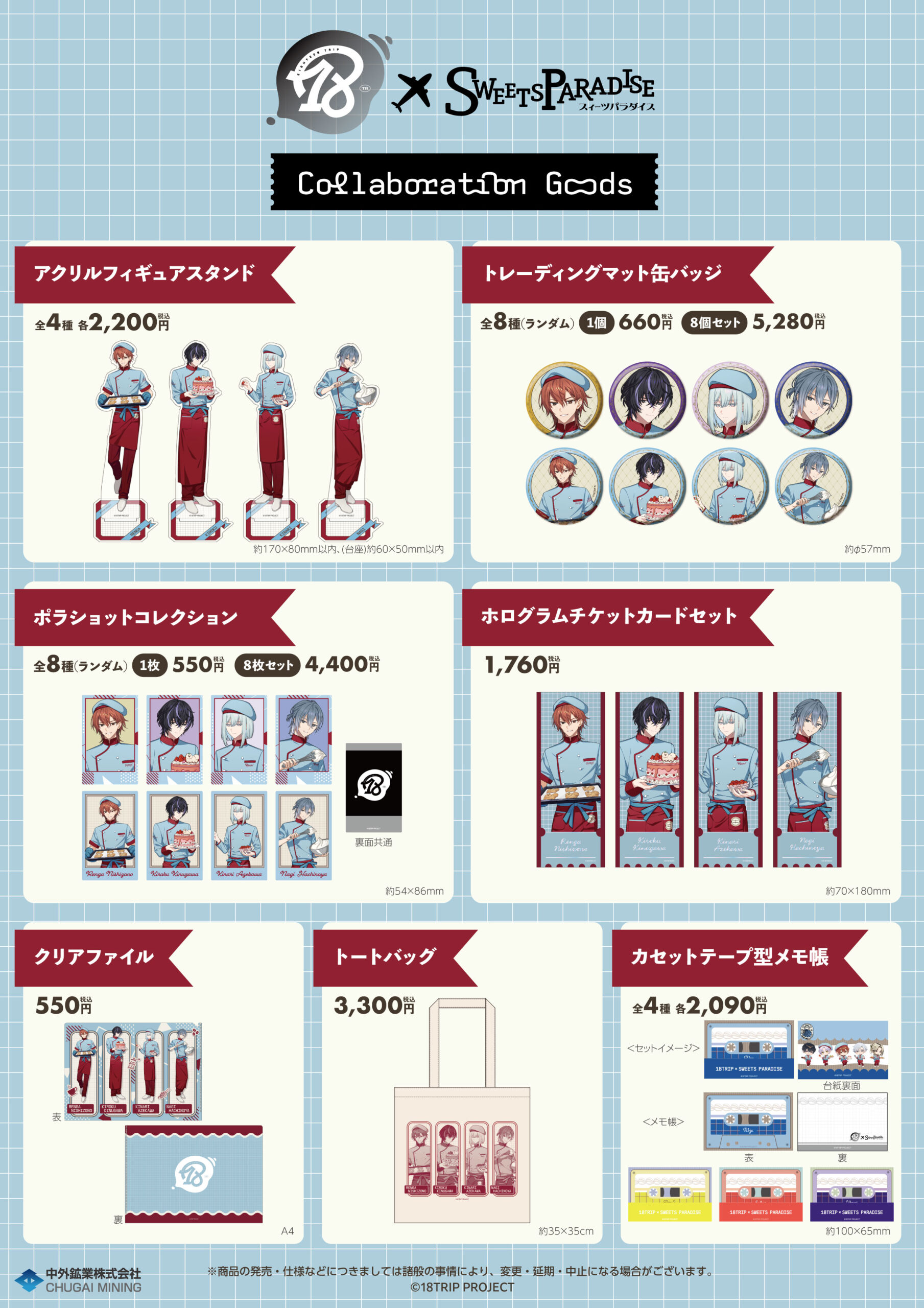 Première sélection de goods 18TRIP : acrylic stands, badges, Pola-shot, cartes et charms