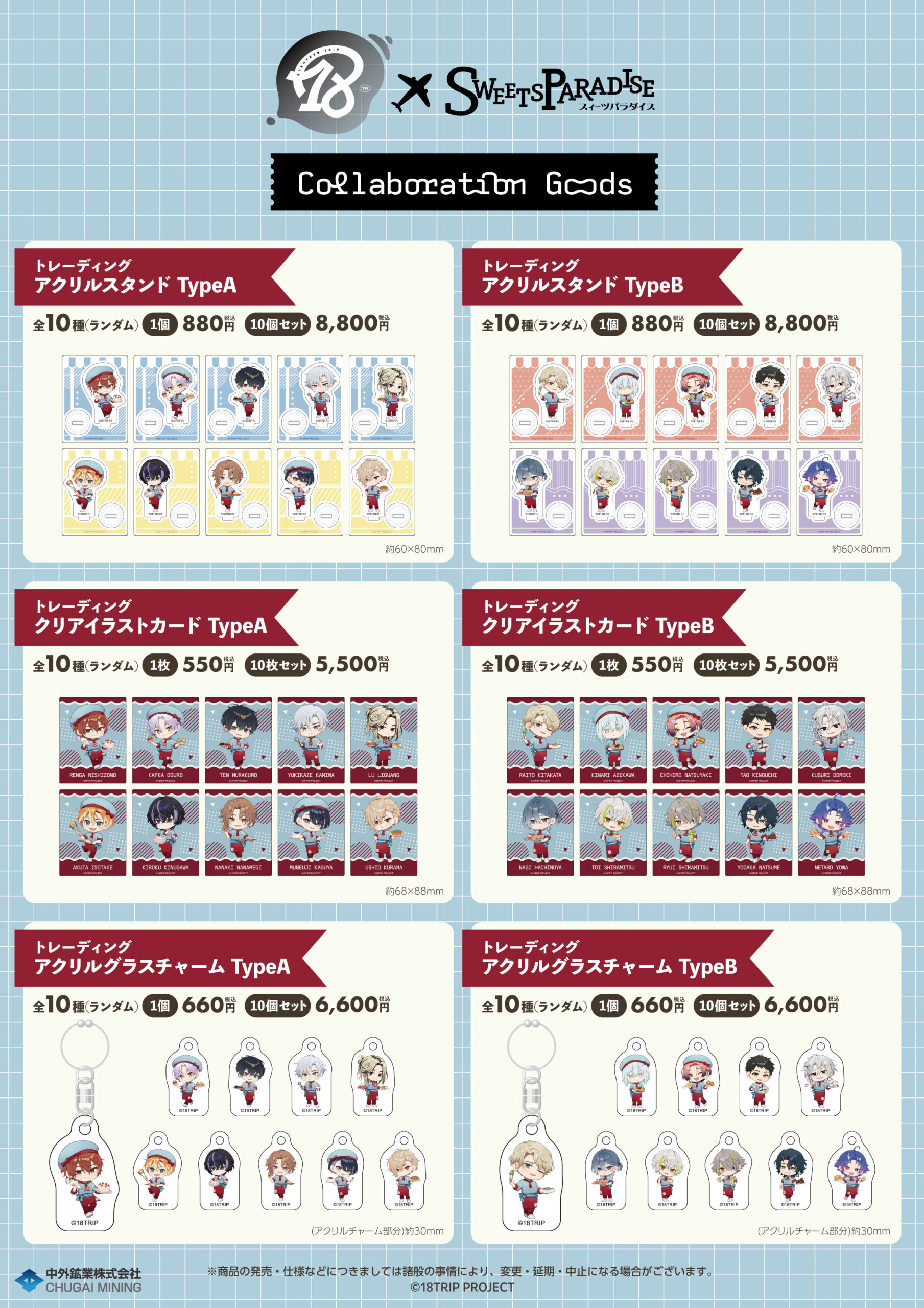 Deuxième sélection de goods 18TRIP : charms, ticket cards, clear file, tote bag et memo pads